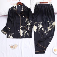 Lisacmvpnel Print Fashion Women Pajama Set Satin Soft Touch Long Sleeve Trousers Suit Pijama