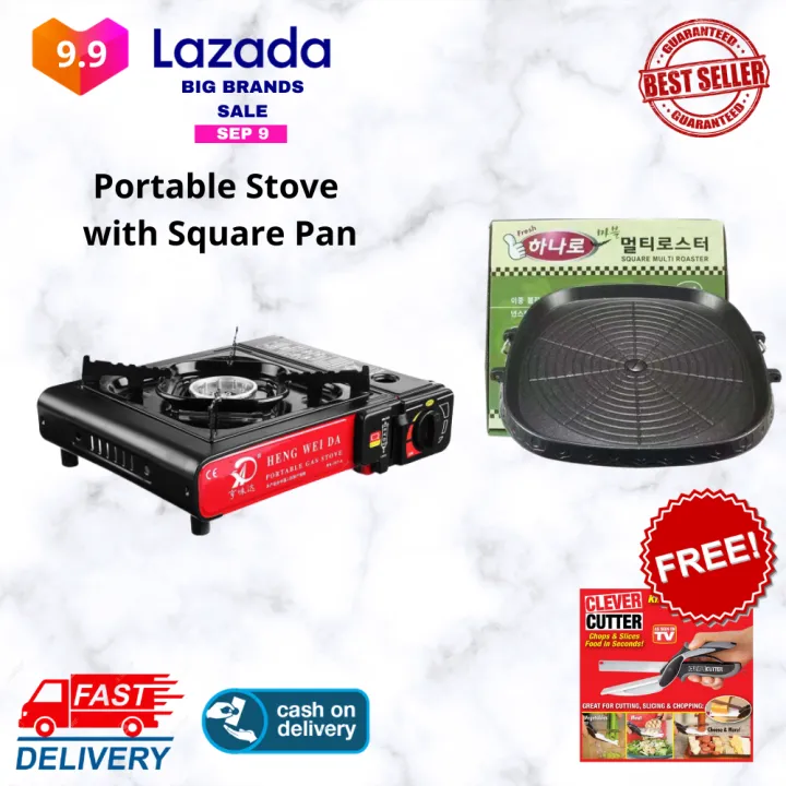 AMORE Portable Gas Stove And Square Hanaro Pan With FREE Clever Cutter Korean BBQ Samgyupsal Set