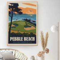 Pebble Beach ผ้าใบวาดภาพโปสเตอร์การเดินทางสไตล์แคลิฟอร์เนียแบบมินิมอลลิสต์ Hiasan Kamar ภาพทิวทัศน์ย้อนยุคภาพศิลปะพิมพ์บนผนังห้องนั่งเล่นไร้กรอบหรือกรอบด้านใน