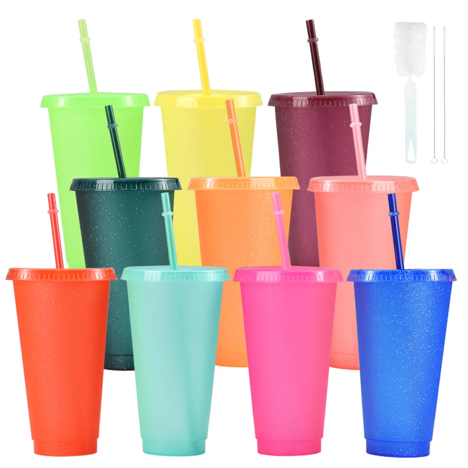 5 Pcs Reusable Plastic Cups with Straw and Lids - 24oz Durable