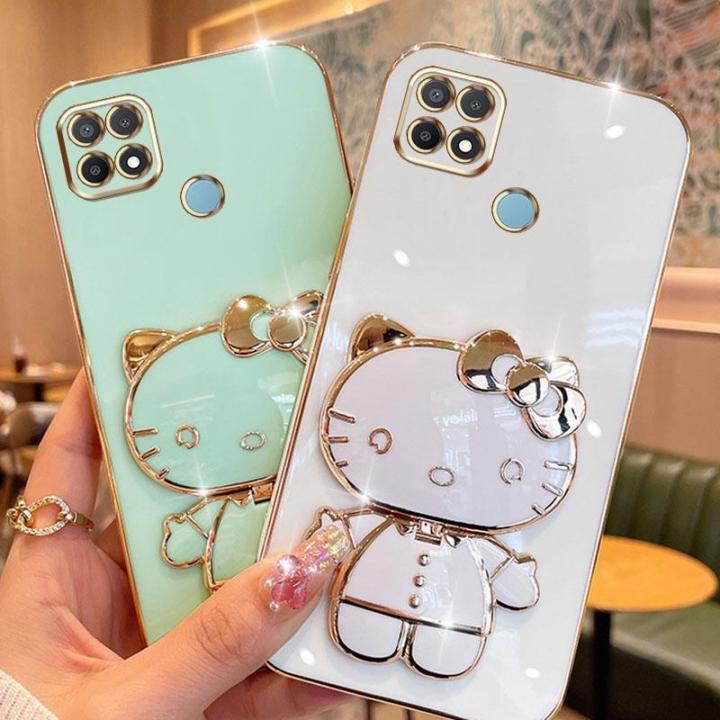 folding-makeup-mirror-phone-case-for-oppo-a15-a15s-a35-realme-v3-case-fashion-cartoon-cute-cat-multifunctional-bracket-plating-tpu-soft-cover-casing