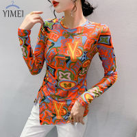 YIMEI เสื้อยืดพิมพ์ลายแขนคอกลมยาวใหม่ฤดูใบไม้ผลิ2023แฟชั่นของผู้หญิงสไตล์เกาหลีมีจีบผ่าข้างสำหรับผู้หญิงเสื้อยืดแฟชั่นไว้ข้างใต้สำหร HOT ●812■❂◎