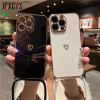 Crossbody Lanyard Cord Plating Love Heart Soft Case For iPhone 14 Pro Max 13 12 11 XS XR 8 7 Plus SE3 MiNi Lens Protector Cover