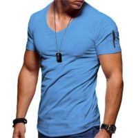 V short Tees New Men Size S-2XL shirt Neck Fashion Tops Summer US Fitness Men T-Shirt Casual Streetwear zipper sleeved casual T