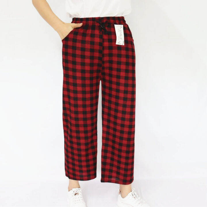 ส่งไว-กางเกงขายาวสก็อตสีสวย-plaid-pants-ทรงขาตรง-เป็นเอวยางยืดมีเชือกผูกรูดปรับขนาดเอวได้-ผ้าหนังไก่-9113-มีกระเป๋า2ข้าง