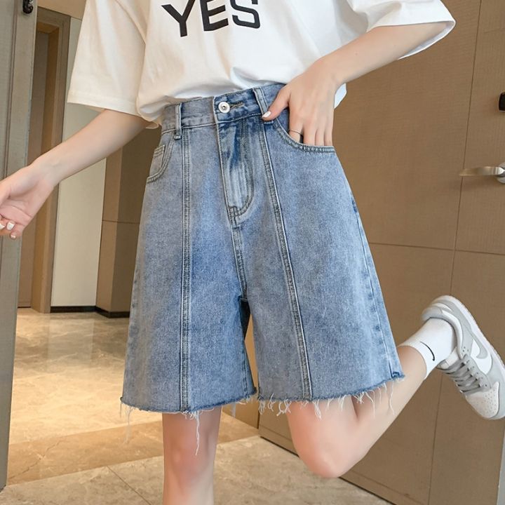 มีไซส์ใหญ่-plus-size-m-6xl-womens-elastic-waist-casual-summer-shorts-fashion-straight-blue-denim-shorts