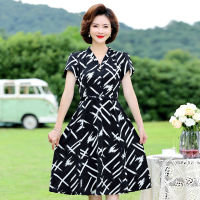 Spot parcel post Middle-Aged Mom Summer Dress Womens New Dress Western Style Temperament Youthful-Looking Wide Lady V Get Chiffon Dress Children