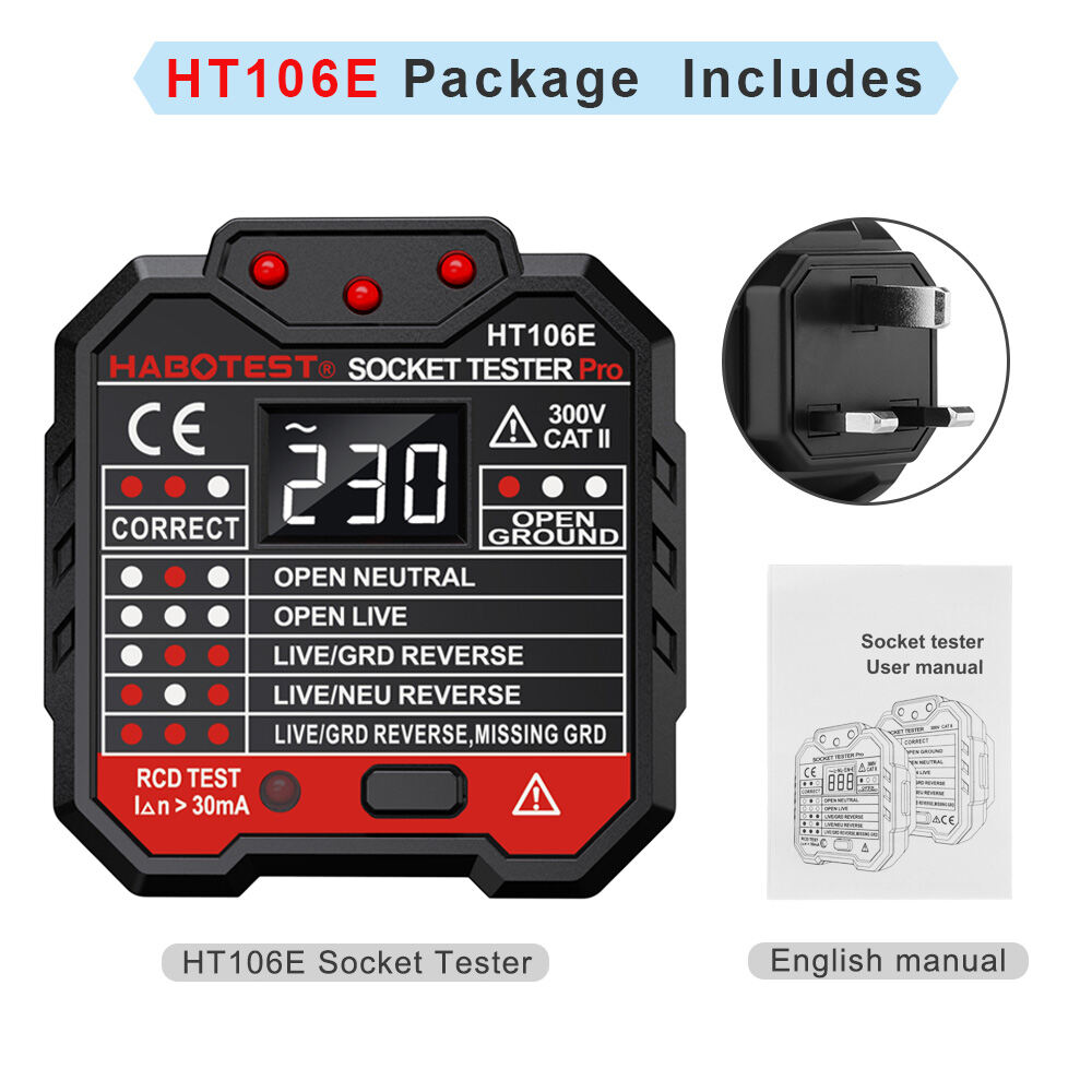 HABOTEST HT107 Digital Socket Tester RCD Detector Electric Circuit Polarity Voltage Detector Breaker Finder UK Plug