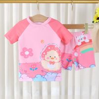 HOT14★Girl Two Pieces Suit Children Short Sleeve Skirt Swimsuit 2023 Kid Cute Animal Flower Print Swimwear Baby Bathing Suit Dropship