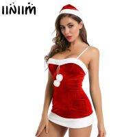 {Noble woman} Iiniim สตรีหญิงเซ็กซี่ปาร์ตี้กำมะหยี่สีขาว Flannel Trim ชุดมินิกับหมวก Beauty Santa Christmas ชุดแฟนซีเครื่องแต่งกาย