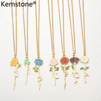 Kemstone สร้อยคอสแตนเลสสีลูกอมสิบสองเดือนสร้อยคอจี้ดอกไม้เคลือบชุบทองสำหรับเป็นของขวัญเครื่องประดับผู้หญิง