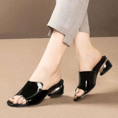 Women Summer New Design Sandals Females Pu Leather Thick Heels Peep Toe Thin Soled Slides Ladies Summer Leisure Elegant Shoes