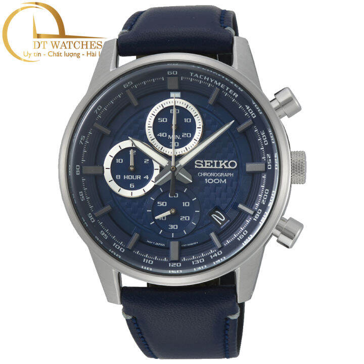 Đồng hồ Nam Seiko Chronograph máy quartz, mặt xanh, dây da cao cấp, kính  cứng SSB333P1 