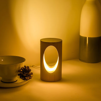 Wood LED Night Light Smart Solid Inside Table Lamp with USB Charging Cable Powered Push Switch Simple Warm Lighting