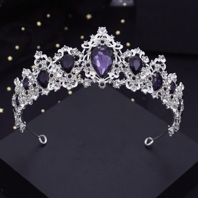 Silver Colors Purple Crystal Wedding Crown for Queen Bridal Headdress Fashion Tiaras Hairwear Girls Prom Head Ornaments Jewelry
