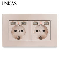 UNKAS Gray PC Plastic Panel 2 Gang EU Standard Wall Socket With Charge Port Hidden Soft LED Indicator 146MM * 86MM Outlet