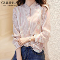 OULINNA เสื้อเชิ้ตมีลายคอตั้งสำหรับผู้หญิงฤดูใบไม้ผลิ2023ขนาดเล็กใหม่เสื้อผู้หญิงแบบชิคชิคฝรั่งเศส