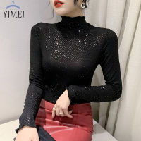 YIMEI แฟลชสำหรับผู้หญิงคอเสื้อแขนยาวสูง2023ฤดูใบไม้ร่วงขนาดพิเศษใหม่สีดำเสื้อยืดปักเลื่อม