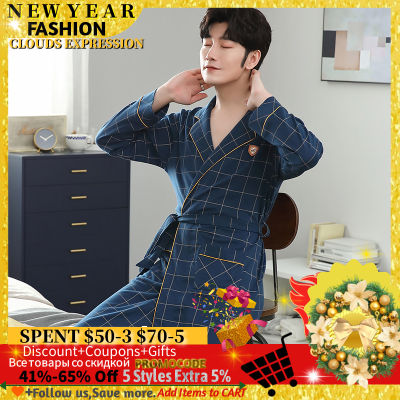 Spring Autumn New Knitted Cotton Bathrobe Men Sleep Lounge Kimono Bath Robes masculino Dressing Gown Plaid Sleepwear Men Fashion