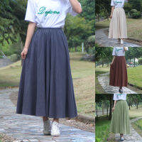 Women Vintage Elastic Waist Skirt Ladies Cotton Linen Long A-Line Solid Ankle-Length Empire Casual Skirts