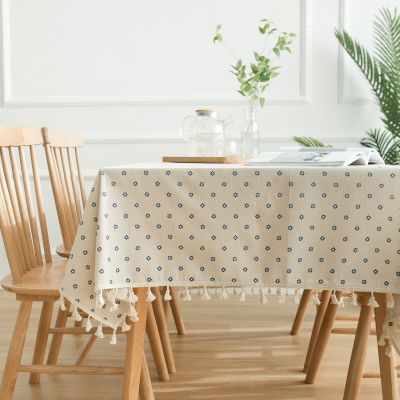 Beige Table Cloth with Blue Daisy Dining Table Cover with Tassel Cotton and Linen