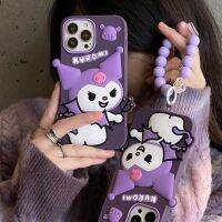 Kuromi เคสโทรศัพท์ซิลิโคนเหลวป้องกันการตกสีม่วงพร้อมสร้อยข้อมือสำหรับ iPhone 11, 12, 13, 14ซีรี่ส์