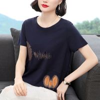 ♂✹ Pure Cotton Mother Short-sleeved T-shirt Womens Plus Size Embroidered Round Neck Loose Top