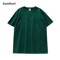 เสื้อยืดลำลองผ้าฝ้ายแท้สีพื้นแขนสั้นของ KUMI สำหรับผู้หญิงสำหรับฤดูร้อน