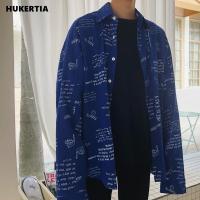 HUKERTIA คู่รัก,เสื้อเชิ้ตผู้ชายหลวมแขนยาวสีน้ำเงิน