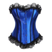 【LZ】♘  Sapubonva-Corset Bustier com Lace Up Trim cetim espartilhos Costumes Overbust senhoras Shaper Top vitoriana azul amarelo vermelho