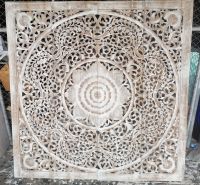 White Wash Mandala Headboard King Wooden Carved Panel 180 x 180 cm Asian Art Thai Wood Lotus Wooden Carve ไม้แกะสลักไม้ฉลุ 6 ฟุต 180  x 180 cm