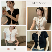 Mira_shop เสื้อครอปตะขอหน้า แขนสั้น ผ้าไหมพรม 37016-1#