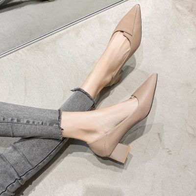 ₪ Shallow mouth single shoes for women 2023 new spring and summer all-match high heels thick heel office professional pointed toe work leather shoes