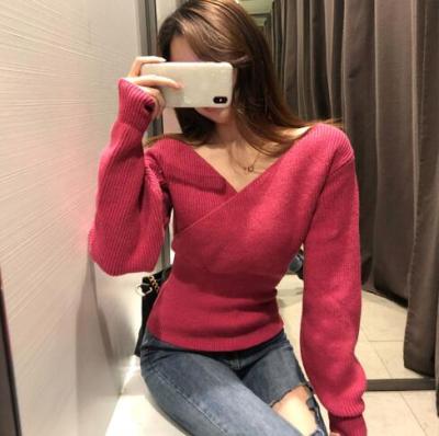 Fashion Sexy Cross V-Neck Womens Sweaters Autumn Winter Bottoming Slim Female Jumper Casual Solid Bodycom Beige Grey Tops