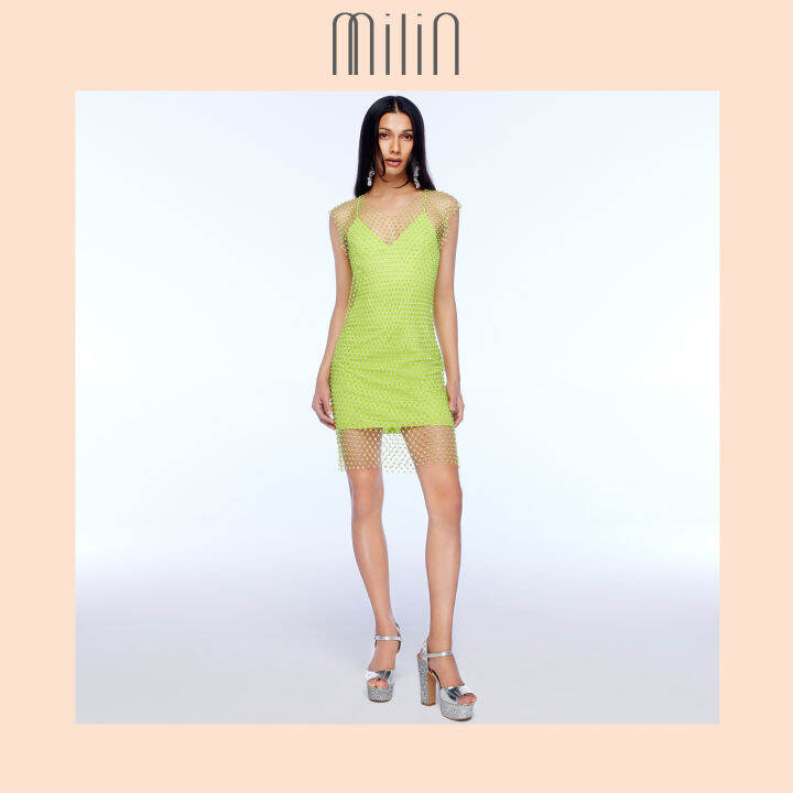 milin-crystal-netted-mesh-overlay-mini-dress-with-v-neckline-เดรสสั้นคล้องคอ-คอวี-แต่งทับด้วยเดรสตาข่าย-แต่งคริสตัล-avalon-dress-สีชมพู-สีขาว-สีดำ-pink-white-black