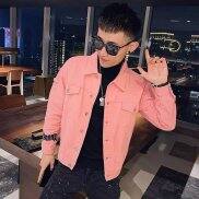 Áo khoác jean nam màu hồng cao cấp, áo khoác denim nam in hoạ tiết