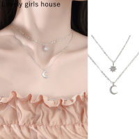 【♡Lovely girls house♡】สร้อยคอแฟชั่นดวงจันทร์รูปดาวคู่แบบเรียบง่ายสำหรับผู้หญิงสร้อยคอเพทายโซ่ไหปลาร้าละเอียดอ่อนของขวัญเครื่องประดับ