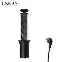 ☋☜□ UNKAS 16A PULL POP UP 3 Power EU Socket New Black Color Port Kitchen Table Desktop Sockets Retractable Countertops French Plug