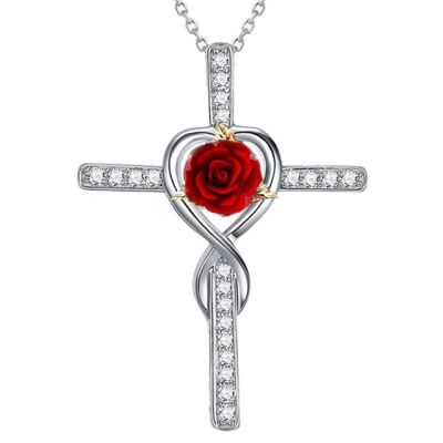 JDY6H Fashion Cross Infinite Rose Necklace Cross Pendant Engagement Necklaces for Women Wedding Jewelry Birthday Anniversary Gift