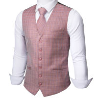 Barry.wang Mens Pink Plaid Waistcoat Blend Tailored Collar V-Neck 3 Pocket Check Vest Tie Set Formal Leisure MD-2301