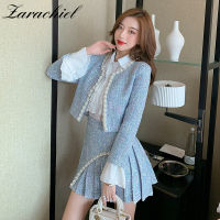 Autumn Winter Beading Blue T 3 Piece Set Women Pearls Short Jacket Coat Ruffles White Chiffon Shirt Mini Pleated Skirt Suit