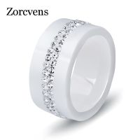 ZORCVENS 10mm Smooth Ceramic Ring With 2 Row Crystal Black White Color For Women Lady Fashion Jewelry Gifts