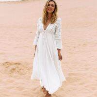 2022 White Rayon Beach Long Dress Swimwear Tunics Kaftan Beachwear Cover ups Robe de Plage Saida Praia Q