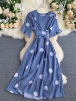 【YF】 Summer Women Polka Dot Midi Dress Vintage V-Neck Short Flare Sleeve Bandage A-Line Vestidos Female Casual Robe New Fashion