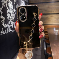 COROGI เคสกันกระแทกสำหรับ Huawei P50 / P50 Pro พร้อมกำไลข้อมือรูปใบโคลเวอร์นำโชคสุดหรูชุบ6D เคสมือถือขอบสี่เหลี่ยมกรอบหลังแบบนิ่มป้องกันซิลิโคน