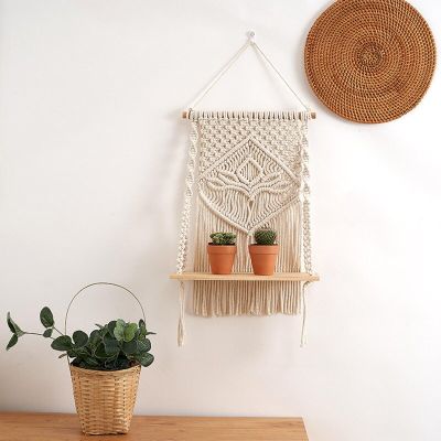 ชั้นลอยชั้นแขวนผนัง Macrame ที่เก็บของโครเชต์ด้วยมือศิลปะสำหรับการตกแต่งภายนอกบ้านกรอบรูปในร่ม