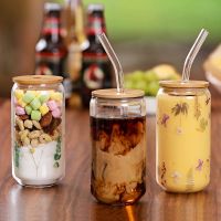 ◎ 400/550ml Glass Cup With Straw and Lid Transparent Water Cups Juice Glass Beer Can Milk Coffee Mug Drinkware Kitchen Accessories