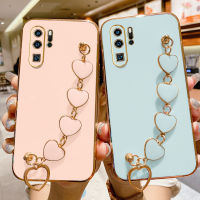 เคสสำหรับ Huawei P30 / P30 Pro/ P30 Lite,เคสมือถือพร้อมห่วงโซ่สร้อยข้อมือรูปหัวใจชุบ6D หรูหรากรอบสี่เหลี่ยมมันวาวซิลิโคนนิ่มกันกระแทกฝาครอบด้านหลังเคสมือถือสำหรับเด็กผู้หญิงเด็กผู้ชาย