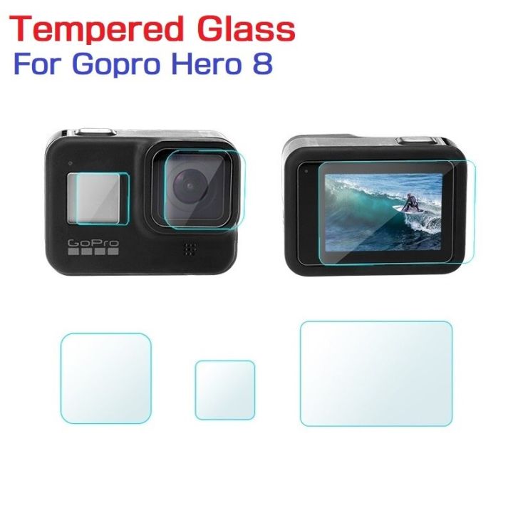 3ชิ้นสำหรับกระจกเทมเปอร์-lenslcd-ปกป้องหน้าจอสำหรับโกโปร-hero8-hero-8กล้องสีดำฟิล์มป้องกันกันรอยขีดข่วน