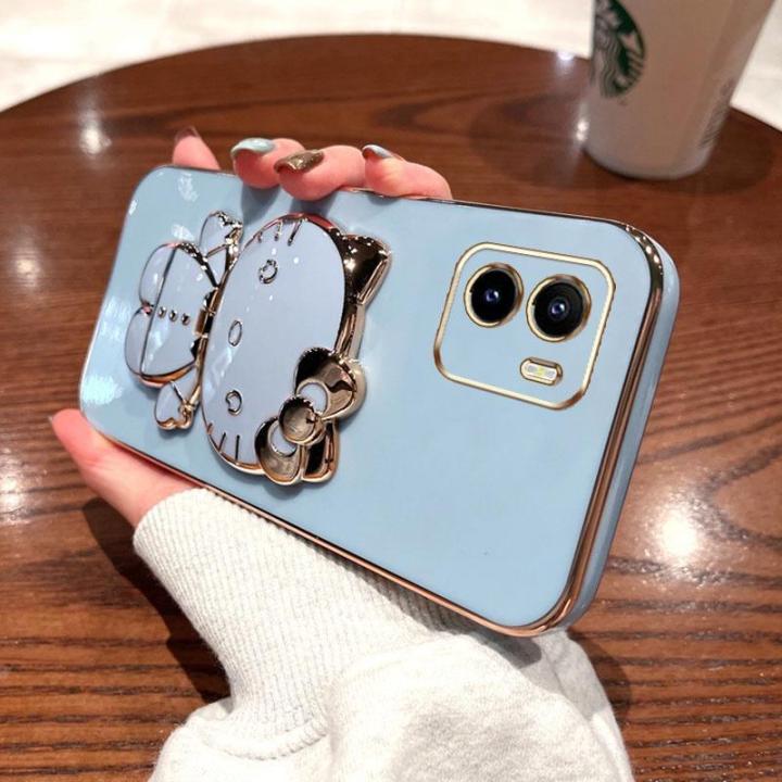 folding-makeup-mirror-phone-case-for-vivo-y15a-y15s-y01-v2120-v2134-case-fashion-cartoon-cute-cat-multifunctional-bracket-plating-tpu-soft-cover-casing